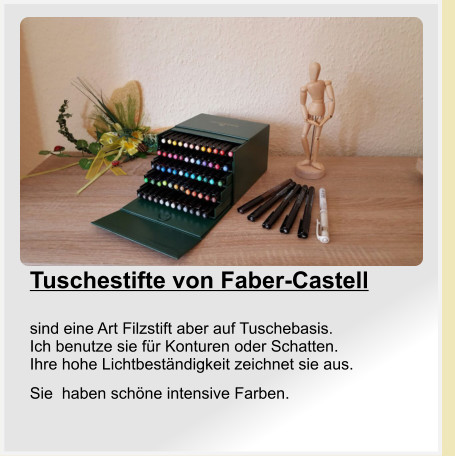 Tuschestifte von Faber-Castell   sind eine Art Filzstift aber auf Tuschebasis.  Ich benutze sie für Konturen oder Schatten. Ihre hohe Lichtbeständigkeit zeichnet sie aus.  Sie  haben schöne intensive Farben.