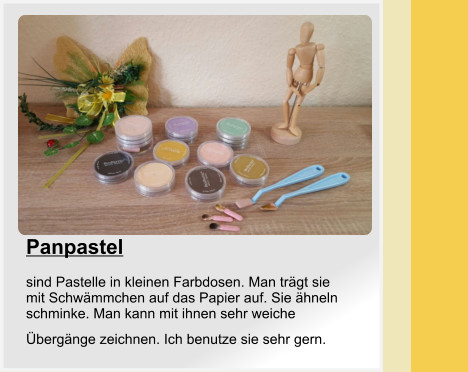 Panpastel  sind Pastelle in kleinen Farbdosen. Man trägt sie mit Schwämmchen auf das Papier auf. Sie ähneln schminke. Man kann mit ihnen sehr weiche Übergänge zeichnen. Ich benutze sie sehr gern.